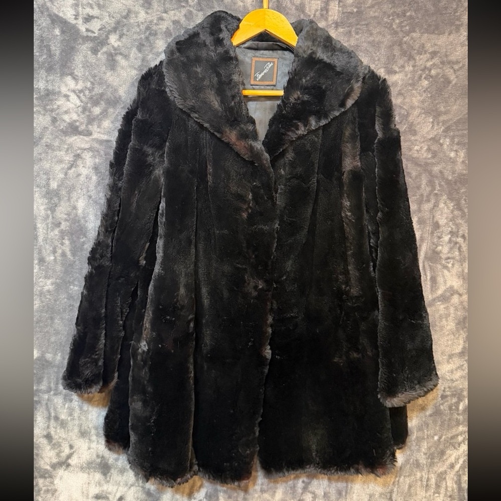 Vintage Black Fur Coat Swing Jacket Shawl Collar L-XL (See Measurements)